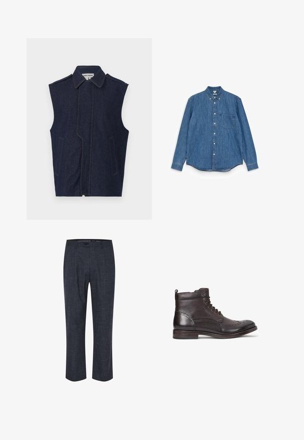 Denim vest, tume sinine, ilma varrukateta disain, terav krae, vertikaalne esiseam, kaks esikot, rõhutatud kontrastse kollase õmblusega.; Sinine denimist pikkade varrukatega särk, millel on terav krae, valged nööbid, üks rinna-tasku ja sirge hem. Ühtlane tekstuur ja keskmine kaal.; Tumedates püksid tekstureeritud kangast, millel on lamedad esiosad, nööpkinnitus ja sirged sääred, millel on peened, heledate toonidega mustrid.; Tumepruun nahast pahklu ботинки, millel on wingtip-disain, ümmargune varvas, peened brogue-detailid, metallist silmad ja lame konts. Omab tõmbenuppu.