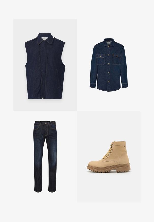 Denimweste, dunkelblau, ärmelloses Design, spitzer Kragen, vertikale Vordernaht, zwei Fronttaschen, betont mit kontrastierendem gelbem Stich.; Dunkelblaues Denim-Jackett mit langen Ärmeln, zwei Brusttaschen und Knopfleiste. Verfügt über Kontrastnähte und einen Kragen.; Dunkelblaue Denim-Jeans mit geradem Bein, fünf Taschen, goldenen Nähten und einer glatten Textur. Knopfverschluss an der Taille.; Braune Leder-Stiefeletten mit runder Zehenform, dicker Gummisohle, sechs Ösen, gelben Schnürsenkeln und seitlicher Nahtdetail. Glatte Textur.