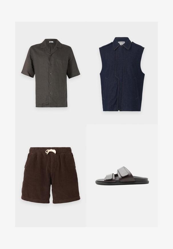 Denimvest, mørkeblå, ærmeløs design, spidse krave, lodret front søm, to frontlommer, fremhævet med kontrastfarvet gul søm.; Korte ærmer, skjorte med krave i mørkegrå linned, med en brystlomme og frontknaplukning. Glat tekstur, afslappet pasform.; Brune kordfløjsshorts med elastisk talje, snorlukning og sidelommer. Stoffet har vertikale ribber og en tekstureret overflade.; Mørkebrun slidesandal med to brede justerbare velcro-remme og en sort sål, vist fra siden på hvid baggrund.