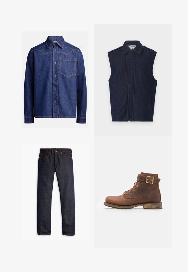 Denim vest, donkerblauw, mouwloos ontwerp, puntige kraag, verticale voornaad, twee voorzakken, geaccentueerd met contrasterend gele stiksel.; Donkerblauwe denim overhemd met lange mouwen, puntige kraag, knoopsluiting, borstzak en contrasterende oranje stiksel.; Donkerblauwe spijkerbroek met een rechte pasvorm, vijf zakken, koperen klinknagels, gele stiksels en een duidelijke textuur in de stof.; Harley Davidson VNTGMOTO SHORT RIDING APPROVED - Cowboy-/Bikerlaarsjes - brown