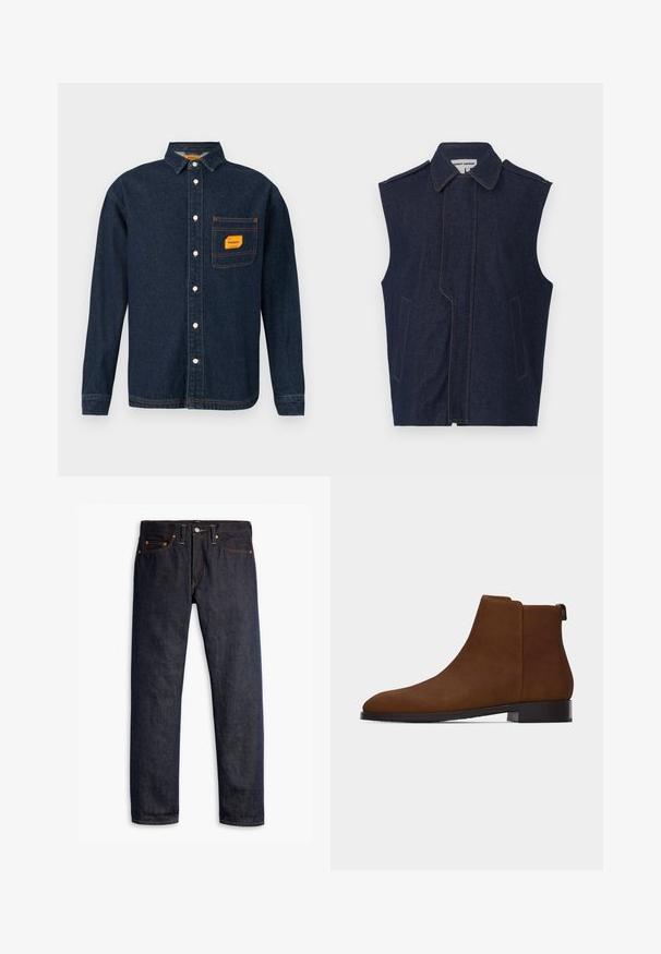 Denim vest, donkerblauw, mouwloos ontwerp, puntige kraag, verticale voornaad, twee voorzakken, geaccentueerd met contrasterend gele stiksel.; Donkerblauwe denim shirt met button-down kraag, oranje label op de borstzak en witte knopen. Zachte textuur met contrasterende stikseldetails.; Donkerblauwe spijkerbroek met een rechte pasvorm, vijf zakken, koperen klinknagels, gele stiksels en een duidelijke textuur in de stof.; Bruine suède enkellaars met lage hak, afgeronde neus en trekstreep aan de achterkant, zijaanzicht op een witte achtergrond.