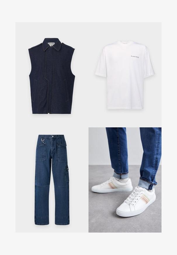 Denimvest, mørkeblå, ærmeløs design, spidse krave, lodret front søm, to frontlommer, fremhævet med kontrastfarvet gul søm.; Hvid kortærmet t-shirt i bomuld med v-hals, med et sort "FILLING PIECES" logo trykt på venstre side.; Mørkeblå denim cargo bukser med lige snit, der har flere lommer, metalbeslag og kontraststikningsdetaljer.; Hvide lædersneakers med multicolore striber, snørebåndsdesign, gummisål og polstret krave, parret med blå denimjeans.