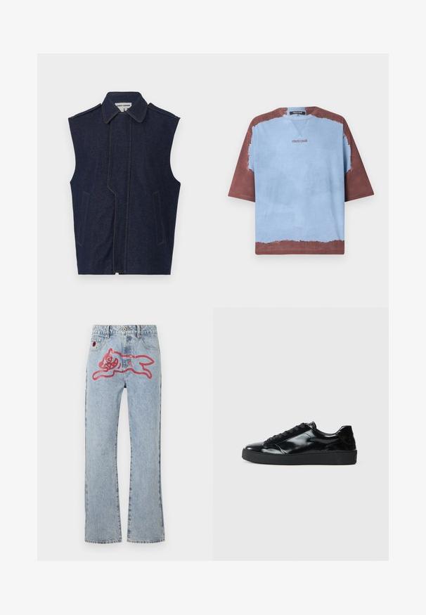 Denimvest, mørkeblå, ærmeløs design, spidse krave, lodret front søm, to frontlommer, fremhævet med kontrastfarvet gul søm.; Kortærmet t-shirt med rund hals, lyseblåt centrum, brune ærmer og kant, og teksten "roberto cavalli" centreret på brystet.; Lyseblå denimjeans med lige ben, med et stort rød, tegneserieagtigt kattegrafik på bagsiden og traditionel fem-lomme styling.; Sorte laklæder sneakers med rund tå, snørredesign, tekstureret gummisål og en glat overflade.