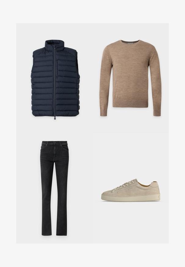 Marineblauwe mouwloze gewatteerde bodywarmer met horizontale stiksels en een ritssluiting aan de voorkant die doorloopt tot een hoge kraag op een effen achtergrond.; Beige trui met lange mouwen en ronde hals met een eenvoudige gebreide structuur, afgebeeld op een effen lichte achtergrond.; Zwarte denim jeans met een rechte pijp, voorzien van steekzakken en een knoopsluiting. Glad textuur met subtiele vervaging.; Beige suède lage sneaker met vetersluiting en dikke rubberen zool, gezien vanaf de zijkant op een effen witte achtergrond.