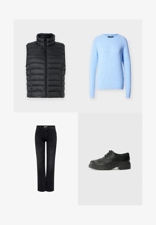 Sort puffervest med høj krave, der har vandrette quiltede sektioner og en frontlynlås, lavet af let, glat stof.; Lyseblå langærmet crewneck-trøje med ribstrikkede ærmekanter og kant, vist mod en ensartet hvid baggrund.; ONLY Straight fit ONLBLUSH Mid waist - Jeans Straight Leg - washed black; Sorte læder brogue sko med en glat overflade, dekorative perforeringer, rund tå og en kraftig gummisål. Snørebåndsdesign.