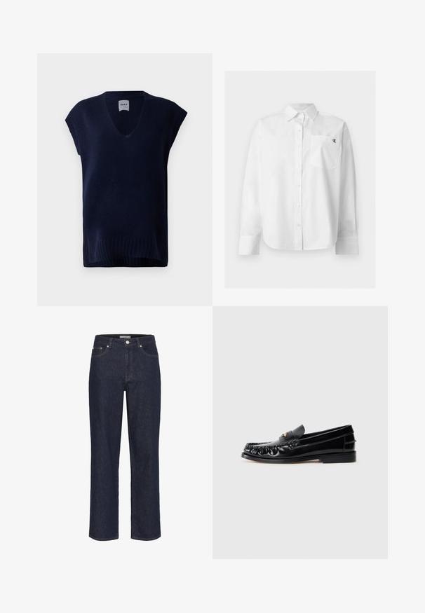 Marineblaues ärmelloses Strickwesten mit V-Ausschnitt und geripptem Saum, auf einem weißen Hintergrund präsentiert.; Weißes langärmliges Hemd mit Knopfleiste, spitzem Kragen und Brusttasche mit kleinem schwarzem "CK"-Logo auf der linken Brust.; Gestuz SUMMER WIDE - Wide Leg - unwashed denim; Schwarze LederSlipper mit runder Zehenform, dekorativen Nähten und einem kleinen goldenen Akzent auf dem Vorderblatt. Flache Gummisohle, elegantes Design.