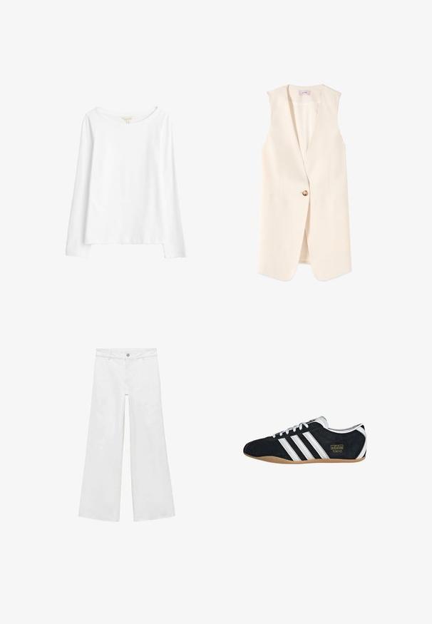 Ærmeløs creme beige blazer vest med en enkelt brun knap og V-hals krave, vist på en hvid baggrund.; Seasalt Cornwall Langærmet T-shirt - white salt; Hvide, vide jeans med knaplukning og fem lommer, fremstillet af denim med en glat tekstur, der har et klassisk design.; Sort ruskinds sneaker med hvide tre striber, guldlogo og en brun gummisål. Har et lavprofil snørebåndsdesign.