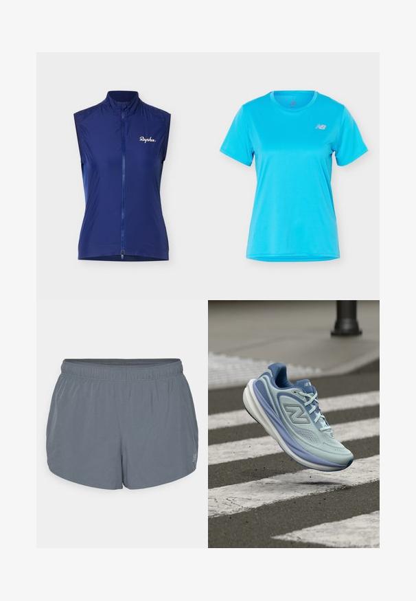 Veste de cyclisme sans manches bleu marine avec fermeture éclair intégrale à l'avant et logo blanc "Rapha" sur le côté gauche de la poitrine, sur un fond uni.; T-shirt sportif bleu à manches courtes avec col rond et petit logo New Balance sur la poitrine gauche, présenté sur un fond uni.; Shorts de sport gris avec une texture douce, une taille élastique et un ourlet légèrement incurvé. Présente de petites perforations pour la respirabilité.; Chaussure de course New Balance bleu clair et blanc en plein air, au-dessus d'un passage piéton en ville, avec de petits débris soulevés en dessous.