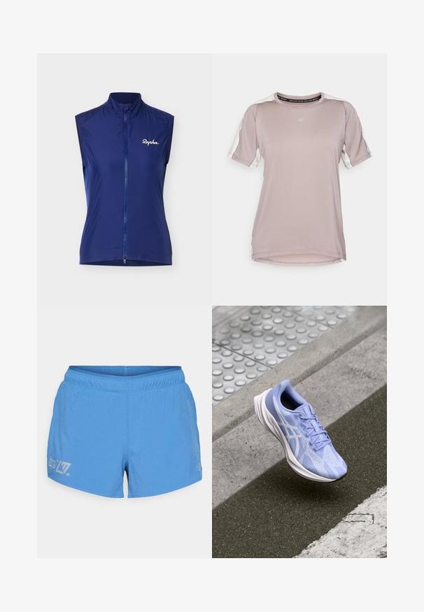 Hihaton tummansininen pyöräilyliivi, jossa on täysipitkä etuvetoketju ja valkoinen "Rapha"-logo vasemmassa rinnassa yksiväristä taustaa vasten.; ASICS FUJITRAIL ELITE TOP - Tekninen t-paita - rainstorm grey/cream; Vaaleansiniset juoksuhousut, joissa on rei'itetty pintakuvio, joustava vyötärö ja painettu logo sekä yksityiskohtia vasemmassa reisissä.; Vaaleansininen juoksukenkä, jossa on verkkomainen yläosa, tekstuuripinnat ja valkoisia yksityiskohtia. Varustettu pehmustetulla pohjalla ja nauhoilla turvallisen istuvuuden takaamiseksi.