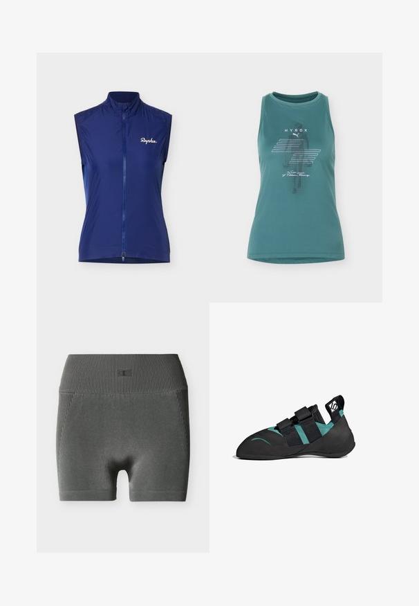 Ærmeløs cykelvest i marineblå med fuld lynlås foran og hvid "Rapha"-logo på venstre bryst mod ensfarvet baggrund.; Turkis ærmeløs atletisk tanktop med HYROX- og Puma-logoer og hvide grafiske linjer foran.; Mørkegrå sømløse ribstrikkede biker shorts med høj talje og et lille præget logo på linningen, vist på en hvid baggrund.; Sort klatresko med spids tå, dobbel Velcro-remme, smaragdgrønne accenter og mønstret gummisål for greb.
