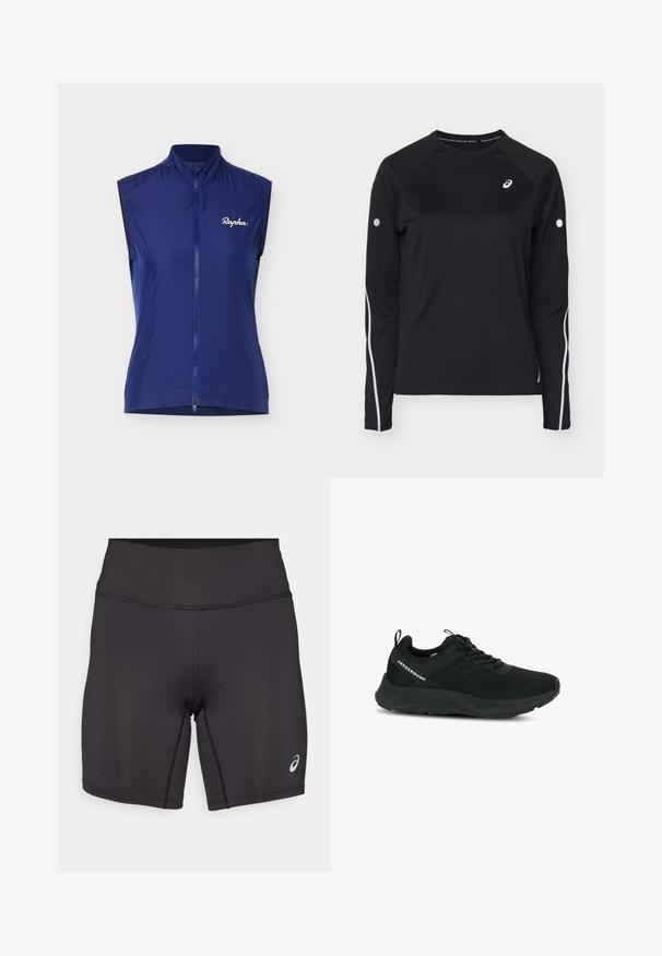 Ærmeløs cykelvest i marineblå med fuld lynlås foran og hvid "Rapha"-logo på venstre bryst mod ensfarvet baggrund.; Sort langærmet træningsshirt med raglanærmer, hvide reflekterende striber langs siderne og rund hals. Har et lille logo på brystet.; Sorte atletiske shorts med en glat tekstur, tætsiddende design og høj talje. Har kontrasterende syninger og et lille logo på underbenet.; Sort sportsko med en struktureret overdel, netpaneler og en polstret sål. Har snørebånd og en løkke ved hælen for nem påtagning.