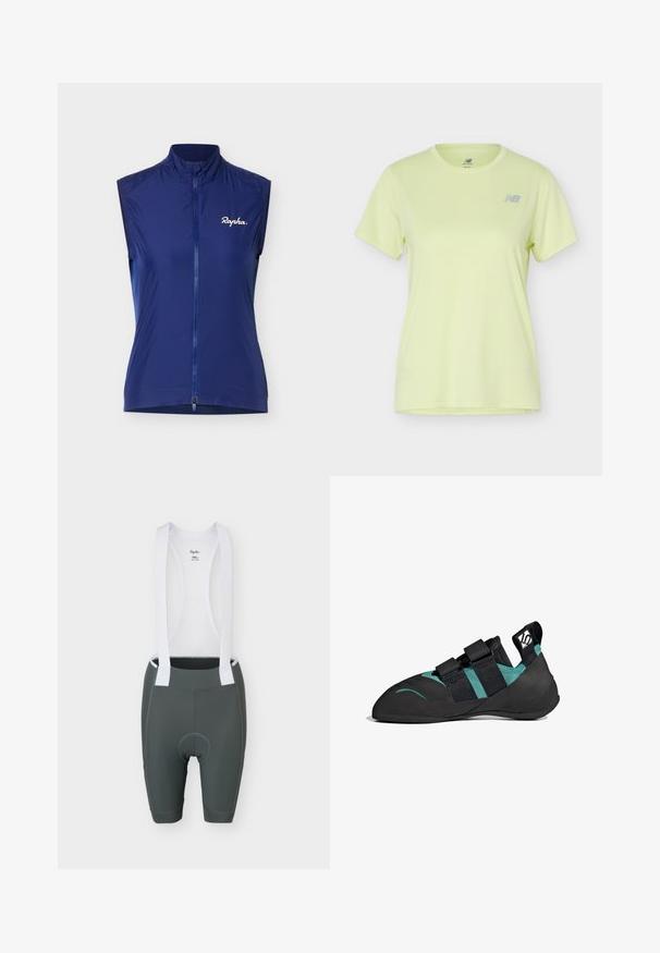 Chaleco de ciclismo sin mangas azul marino con cremallera completa en la parte delantera y logo blanco "Rapha" en el pecho izquierdo sobre fondo liso.; Camiseta deportiva de manga corta de color amarillo claro con cuello redondo y pequeño logo gris de New Balance en el pecho izquierdo.; Pantalones cortos de ciclismo tipo tirantes en gris oscuro con tirantes blancos para los hombros, área acolchada en el asiento y una pequeña etiqueta de talla en el interior de la parte superior blanca.; Zapato de escalada negro con punta afilada, doble correa de Velcro, acentos en verde esmeralda y suela de goma texturizada para un mejor agarre.