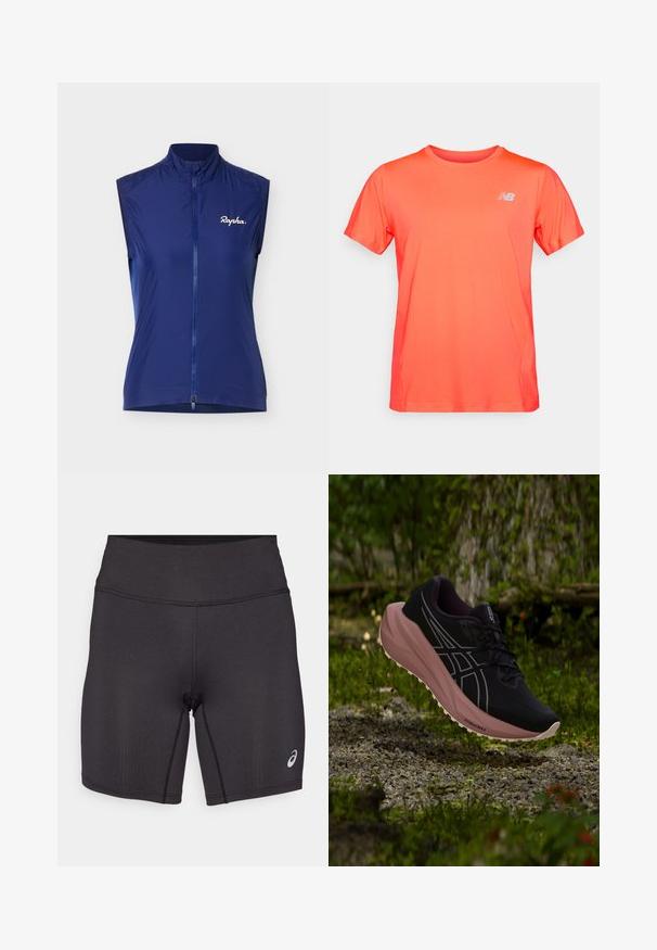 Veste de cyclisme sans manches bleu marine avec fermeture éclair intégrale à l'avant et logo blanc "Rapha" sur le côté gauche de la poitrine, sur un fond uni.; T-shirt de sport orange vif à manches courtes avec un petit logo blanc de New Balance sur la poitrine gauche, présenté sur un fond uni.; Shorts de sport noirs avec une texture lisse, un design ajusté et une taille haute. Ils présentent des coutures contrastantes et un petit logo sur la jambe inférieure.; Chaussure de course noire et rose suspendue au-dessus de gravier et de mousse dans un environnement forestier extérieur.