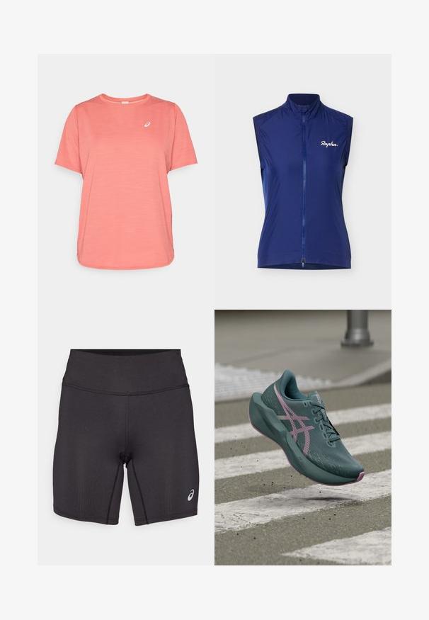 Námornícka modrá cyklistická vesta bez rukávov s celoprepínacím predným zipsom a bielym logom "Rapha" na ľavej strane hrudníka na jednoliatom pozadí.; ASICS ROAD TOP - Športové tričko - dark pink clay; Čierne atletické šortky s hladkou textúrou, priliehavým strihom a vysokým pásom. Obsahujú kontrastné švy a malé logo na dolnej časti nohy.; Tyrkysovo-ružová bežecká topánka plávajúca nad priechodom pre chodcov na ulici s asfaltom a kovovým stĺpom v pozadí.