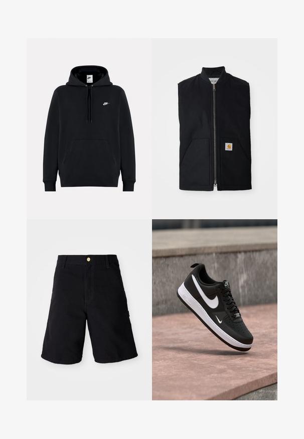 Schwarze ärmellose Weste aus strapazierfähigem Material, mit einem Reißverschluss vorne, zwei Taschen und einem Logopatch an der unteren rechten Tasche.; Schwarzer Nike-Hoodie mit Fronttasche, Kapuze mit Kordelzug und kleinem weißen Nike-Logo auf der linken Brust.; Schwarze Denim-Shorts mit Knopfverschluss, geradem Schnitt, seitlichen Taschen und verstärkten Nähten für zusätzliche Haltbarkeit.; Schwarz-weißer Nike Air Force 1 Sneaker, der über einer rosa Betonfläche mit grauem Stein-Hintergrund schwebt.