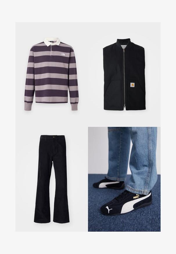 Gilet sans manches noir en tissu durable, avec une fermeture éclair à l'avant, deux poches et un patch logo sur la poche inférieure droite.; Maillot de rugby à manches longues avec larges rayures horizontales violet foncé et gris, col blanc et logo The North Face sur la poitrine.; Pantalons évasés noirs en coton avec une taille traditionnelle, un bouton à l'avant et des poches sur les côtés et à l'arrière. Texture lisse.; Baskets en daim noir avec accents blancs, arborant un logo doré. Portées avec un jean en denim bleu clair et posées sur une surface bleue texturée.