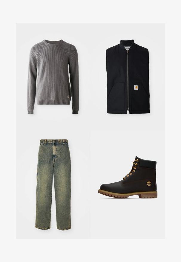 Schwarze ärmellose Weste aus strapazierfähigem Material, mit einem Reißverschluss vorne, zwei Taschen und einem Logopatch an der unteren rechten Tasche.; Grauer, gerippter Strickpullover mit langen Ärmeln und Rundhalsausschnitt. Mit einer strukturierten Oberfläche und einem kleinen Logopatch am Saum.; Baggy-Jeans aus Denim in einer verblassten Blauen und Grünen Waschung. Mit Knopfverschluss, Gürtelschlaufen und Seitentaschen. Flaches Vorderteil und gerades Bein-Design.; Schwarze Leder-Ankle-Boots mit goldenen Ösen, braunen Akzenten und einer Gummisohle. Verfügt über einen gepolsterten Schaft und ein geprägtes Logo an der Seite.
