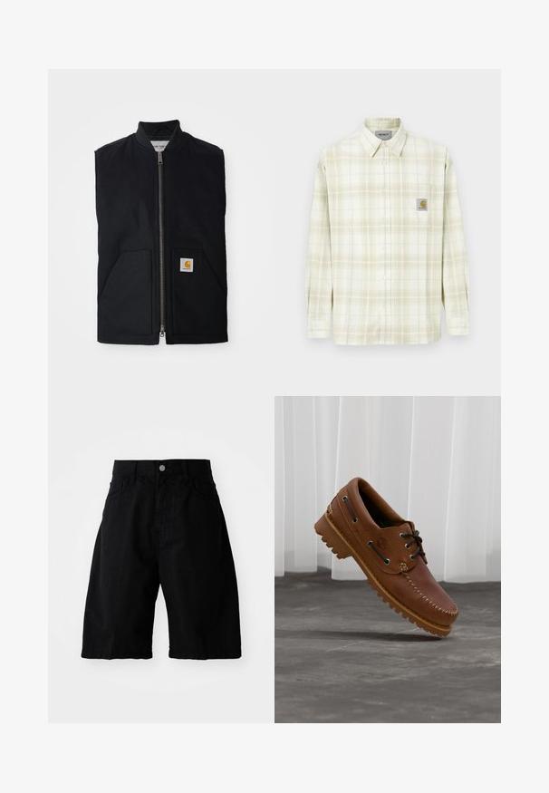 Gilet sans manches noir en tissu durable, avec une fermeture éclair à l'avant, deux poches et un patch logo sur la poche inférieure droite.; Chemise à carreaux de couleur claire avec des manches longues, un devant à boutons et une poche poitrine avec un patch logo. Matière en coton au toucher doux.; Shorts en coton noir avec une coupe décontractée, deux poches latérales, une fermeture à bouton et des bords nets, adaptés pour un usage décontracté.; Chaussure de bateau en cuir marron avec des lacets noirs, des coutures beiges et une semelle robuste, suspendue au-dessus d'un sol en béton gris.