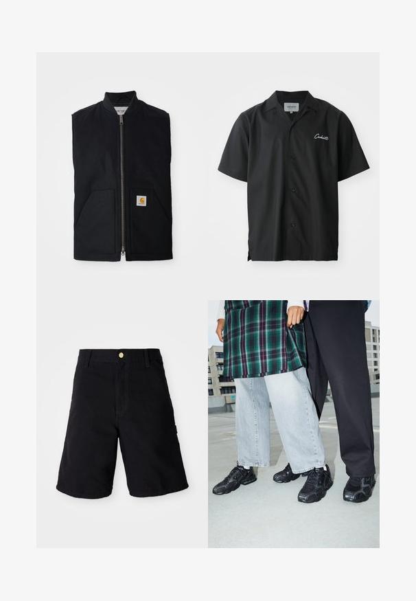Schwarze ärmellose Weste aus strapazierfähigem Material, mit einem Reißverschluss vorne, zwei Taschen und einem Logopatch an der unteren rechten Tasche.; Schwarzes kurzärmliges Hemd mit Knopfleiste und Campkragen, ausgestattet mit einem weißen gestickten Logo auf der Brust und einer lässigen Passform.; Schwarze Denim-Shorts mit Knopfverschluss, geradem Schnitt, seitlichen Taschen und verstärkten Nähten für zusätzliche Haltbarkeit.; Schwarze Sportschuhe mit Mesh- und Gummielementen. Kombiniert mit hellgrauen weiten Jeans und einem karierten grünen Oberteil. Flacher Hintergrund.