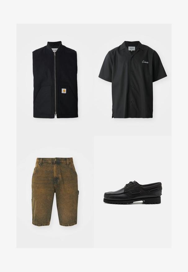 Chaleco negro sin mangas hecho de tela duradera, con cremallera frontal, dos bolsillos y un parche de logo en el bolsillo inferior derecho.; Camisa negra de botones de manga corta con cuello de campamento, que presenta un logotipo bordado en blanco en el pecho y un corte relajado.; Pantalones cortos de mezclilla en un color marrón desgastado con una textura ligeramente desgastada. Cuenta con trabillas para el cinturón, bolsillos frontales y un bolsillo tipo cargo en el lateral.; Zapato negro con parte superior de cuero, acentos de textil, cordones redondos y suela de goma texturizada. Presenta costura de mocasín y detalle de marca.