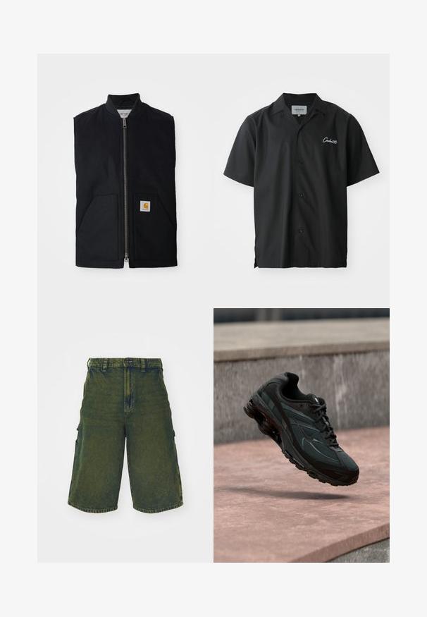 Sort ærmeløs vest lavet af holdbart stof, med en lynlås fortil, to lommer og et logo-patch på den nederste højre lomme.; Sort kortærmet skjorte med knapper og campingkrave, med et hvidt broderet logo på brystet og en afslappet pasform.; Grønne denim cargo shorts med afslappet pasform, der har sidelommer og knaplukning. Slidt tekstur og lige snit.; Sort atletisk sneaker med synligt luftdæmpende mellemsål, der svæver over en pink stenoverflade med en grå stenvæg i baggrunden.