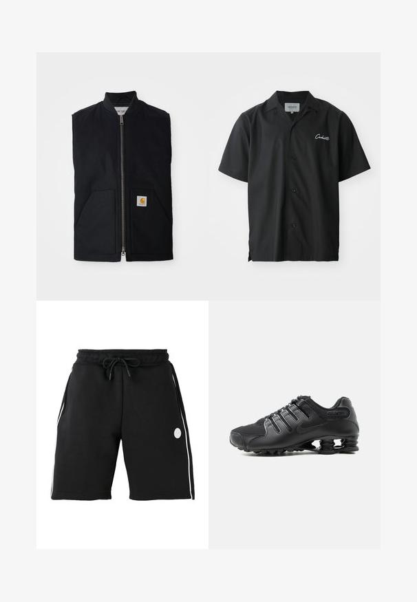Sort ærmeløs vest lavet af holdbart stof, med en lynlås fortil, to lommer og et logo-patch på den nederste højre lomme.; Sort kortærmet skjorte med knapper og campingkrave, med et hvidt broderet logo på brystet og en afslappet pasform.; Sorte knælange shorts med elastisk linning og snøre, hvide verticale sidestriber og lille rundt logo på venstre lår.; Sort atletiksko med tekstureret overdel, snørelukninger og karakteristisk fjederlignende sålstøtte synlig på hvid baggrund.