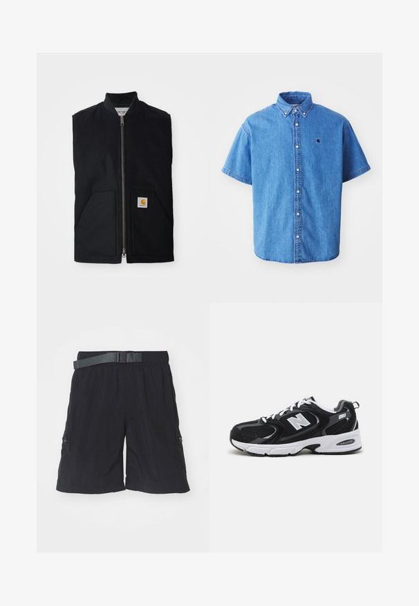 Gilet sans manches noir en tissu durable, avec une fermeture éclair à l'avant, deux poches et un patch logo sur la poche inférieure droite.; Chemise en denim à manches courtes de couleur bleu clair avec un col boutonné, comportant un logo sur la poitrine et des détails de couture visibles.; Shorts cargo noirs en tissu léger, dotés d'une taille élastique avec une ceinture, de poches latérales et d'une texture lisse.; Baskets de sport noires et grises avec un tige en mesh et en suède, présentant une semelle intermédiaire blanche, des lacets et un logo "N" audacieux sur le côté.