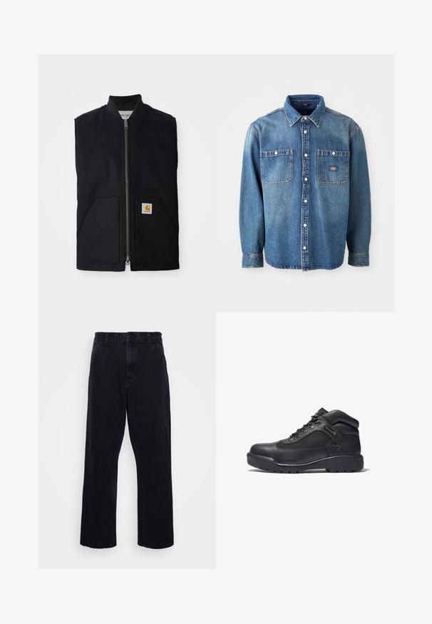 Schwarze ärmellose Weste aus strapazierfähigem Material, mit einem Reißverschluss vorne, zwei Taschen und einem Logopatch an der unteren rechten Tasche.; Jeanshemd in Mittelblau, mit spitzem Kragen, zwei Brusttaschen und silbernen Knöpfen. Lange Ärmel mit Knopfmanschetten.; Schwarze Jeanshose mit geradem Bein, ausgestattet mit einem Knopf- und Reißverschluss, Gürtelschlaufen und minimalen Nähdetails.; Schwarze Wanderstiefel aus Leder und Mesh, mit gepolstertem Kragen, Schnürverschluss, Gummisohle mit Profil und geprägtem Logo.