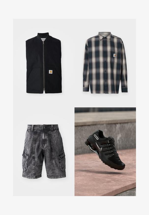 Chaleco negro sin mangas hecho de tela duradera, con cremallera frontal, dos bolsillos y un parche de logo en el bolsillo inferior derecho.; Camisa de botones con un patrón de cuadros azul y gris, material de algodón, mangas largas y un bolsillo en el pecho con un parche de logo.; Pantalones cortos cargo de mezclilla negra con textura desgastada, dos bolsillos laterales y cierre de botón. Hasta la rodilla con costuras reforzadas.; Zapatilla de running Nike Shox negra con logo Swoosh blanco, en el aire sobre una superficie de hormigón rosada frente a una pared de piedra gris.