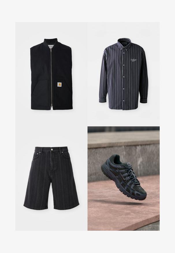 Sort ærmeløs vest lavet af holdbart stof, med en lynlås fortil, to lommer og et logo-patch på den nederste højre lomme.; Stribet langærmet skjorte i marineblå og hvid, med krave med knapper, frontknapper og broderet logo på brystet.; Sort denimshorts med bred benvidde, med lodrette striber, forlommer og metalhardware-detaljer.; Mørkegrå Nike løbesko med mesh og syntetisk design, svævende over en lyserød betonoverflade med en grå stens baggrund.