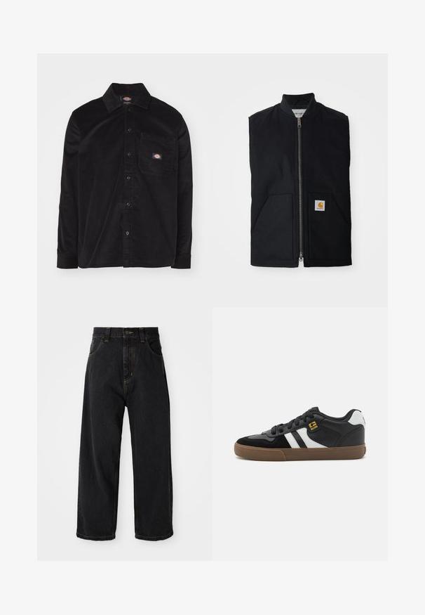 Gilet sans manches noir en tissu durable, avec une fermeture éclair à l'avant, deux poches et un patch logo sur la poche inférieure droite.; Chemise en velours côtelé noir avec un col à boutonnière, manches longues, poche avant et patch logo. Présente un motif de tissu texturé.; Jeans en denim noirs à coupe large avec taille haute, bouton avant, fermeture éclair et surpiqûres jaunes sur les poches et les coutures.; Baskets noir et blanc avec une tige en daim et en cuir, présentant des rayures blanches, des lacets noirs et une semelle en caoutchouc marron. Accents de logo dorés.