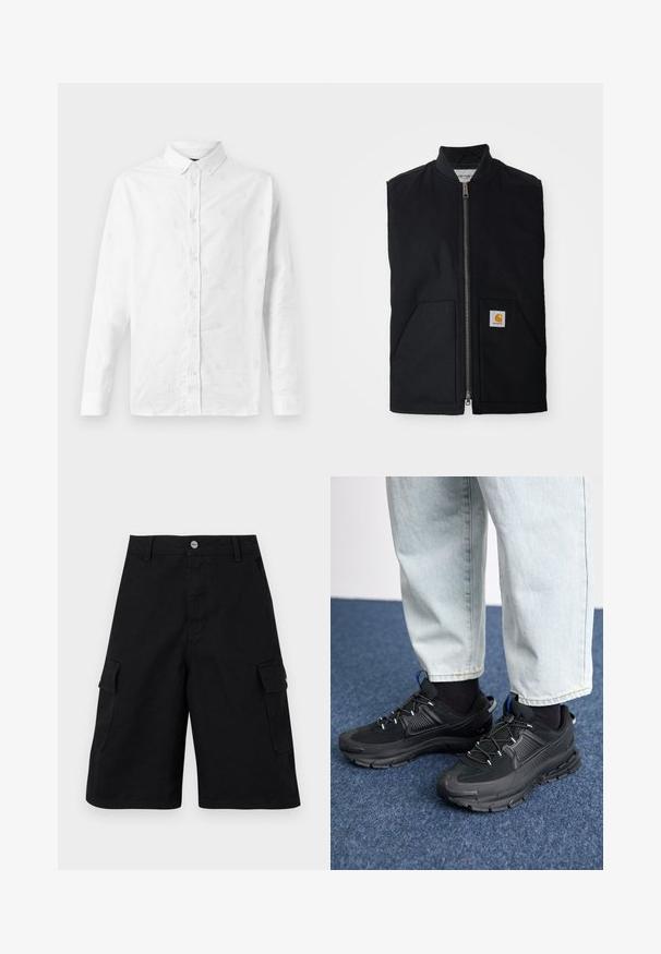 Gilet sans manches noir en tissu durable, avec une fermeture éclair à l'avant, deux poches et un patch logo sur la poche inférieure droite.; Chemise blanche à manches longues en coton, ornée de broderies à motif subtil, avec un col boutonné et une fermeture à boutons à l'avant.; Shorts cargo noirs en tissu durable. Comprend deux poches latérales, une fermeture éclair et une taille simple avec un bouton en métal.; Des chaussures de sport noires avec un tissu texturé et des semelles en caoutchouc, dotées de lacets élastiques et d'un accent bleu au talon. Portées avec un pantalon en denim clair.