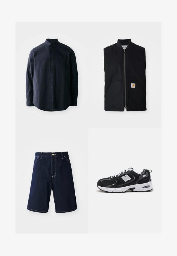 Gilet sans manches noir en tissu durable, avec une fermeture éclair à l'avant, deux poches et un patch logo sur la poche inférieure droite.; Chemise boutonnée bleu marine foncé avec col pointu, manches longues et ourlet droit. Présente un logo subtil sur la poitrine et un tissu texturé.; Shorts en denim bleu foncé avec des coutures blanches, une coupe classique, cinq poches et une fermeture à bouton à l'avant.; Baskets de sport noires et grises avec un tige en mesh et en suède, présentant une semelle intermédiaire blanche, des lacets et un logo "N" audacieux sur le côté.
