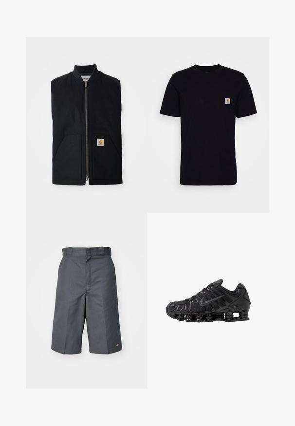 Gilet sans manches noir en tissu durable, avec une fermeture éclair à l'avant, deux poches et un patch logo sur la poche inférieure droite.; T-shirt en coton noir à manches courtes, col rond et poche poitrine avec un petit patch logo carré. Design simple et uni.; Shorts gris en tissu durable, dotés d'une coupe droite, de deux poches latérales et d'un petit logo sur la poche arrière.; Chaussures de sport noires en mesh et matériaux synthétiques, présentant un design ondulé distinct, une semelle en caoutchouc noire et des accents réfléchissants.