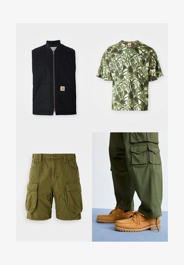 Chaleco negro sin mangas hecho de tela duradera, con cremallera frontal, dos bolsillos y un parche de logo en el bolsillo inferior derecho.; Camiseta de manga corta verde con un patrón de hojas texturizado, con un acento naranja en el cuello y un corte relajado. Fabricada con un material transpirable.; Pantalones cortos cargo color verde oliva, confeccionados en una mezcla de algodón. Cuentan con dos grandes bolsillos laterales y un cierre de botón con trabillas para cinturón. Textura suave.; Timberland AUTHENTIC 3 EYE - Náuticos - wheat
