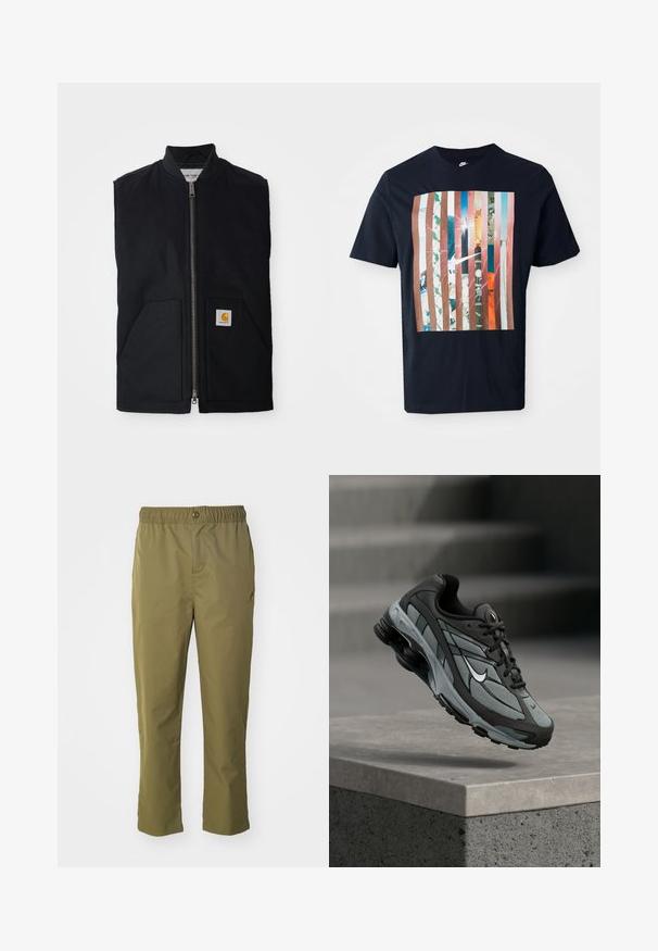 Gilet sans manches noir en tissu durable, avec une fermeture éclair à l'avant, deux poches et un patch logo sur la poche inférieure droite.; T-shirt marine avec un design graphique comportant des rayures verticales dans différentes teintes, incorporant des images urbaines et un logo Nike.; Pantalons vert olive avec une taille élastique, fermeture à bouton et une coupe décontractée. Fabriqués en tissu léger, avec des poches latérales.; Baskets athlétiques grises et noires avec panneaux en mesh et semelle épaisse, positionnées en plein air au-dessus d'un rebord en béton avec des escaliers en arrière-plan.