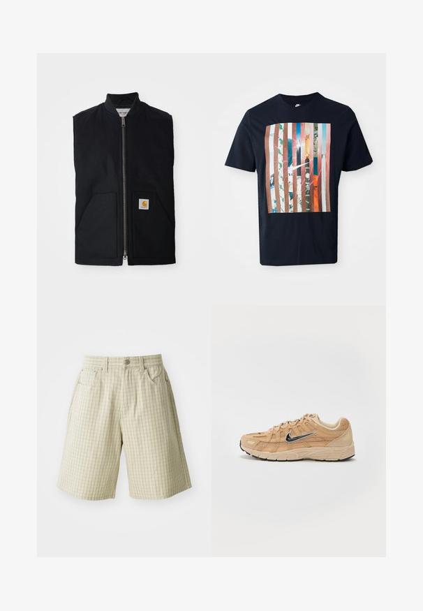 Chaleco negro sin mangas hecho de tela duradera, con cremallera frontal, dos bolsillos y un parche de logo en el bolsillo inferior derecho.; Camiseta navy con un diseño gráfico que presenta rayas verticales en varios tonos, incorporando imágenes urbanas y un logo de Nike.; Pantalones cortos de cuadros beige, fabricados en un tejido ligero, con dos bolsillos laterales, un cierre de botón y un diseño de ajuste relajado.; Zapatilla deportiva beige con materiales de malla y ante, silueta curva, suela negra, prominente logo plateado de Nike en el lateral y acentos texturizados.