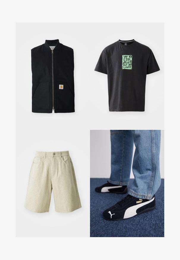 Schwarze ärmellose Weste aus strapazierfähigem Material, mit einem Reißverschluss vorne, zwei Taschen und einem Logopatch an der unteren rechten Tasche.; Schwarzes Baumwoll-T-Shirt mit einer grünen grafischen Illustration und dem Wort "FLOWER." Kurze Ärmel und runder Halsausschnitt.; Beige karierte Shorts aus leichtem Stoff, ausgestattet mit zwei Seitentaschen, einem Knopfverschluss und einem entspannten Schnitt.; Schwarze Wildledersneaker mit weißen Akzenten und einem goldenen Logo. Getragen mit hellblauen Jeans und auf einer strukturierten blauen Oberfläche platziert.