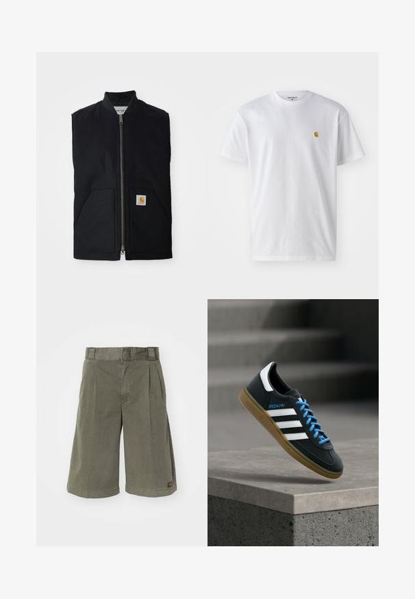 Schwarze ärmellose Weste aus strapazierfähigem Material, mit einem Reißverschluss vorne, zwei Taschen und einem Logopatch an der unteren rechten Tasche.; Weißes Baumwoll-T-Shirt mit kurzen Ärmeln, Rundhalsausschnitt, mit einem kleinen goldenen Logo im linken Brustbereich. Weicher Stoff und normale Passform.; Olivgrüne Shorts aus Baumwollmischgewebe. Mit Falten und geradem Schnitt, sowie einem kleinen Markenetikett an der Seite.; Schwarzer Adidas-Sneaker mit weißen Streifen, blauen Schnürsenkeln und Gummisohle, der über einer grauen Betontreppe im weichen Licht schwebt.