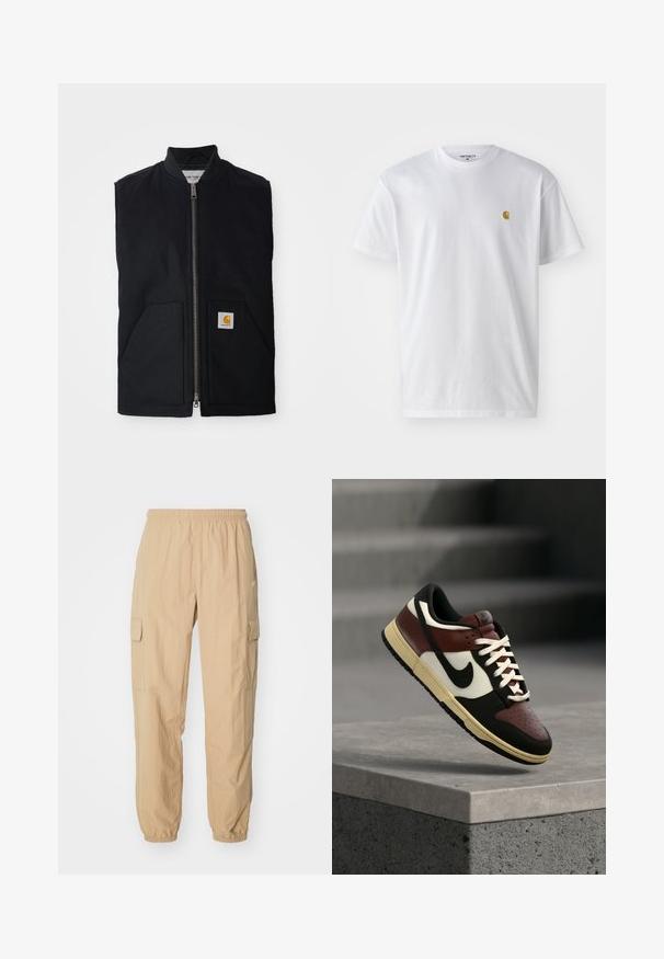 Schwarze ärmellose Weste aus strapazierfähigem Material, mit einem Reißverschluss vorne, zwei Taschen und einem Logopatch an der unteren rechten Tasche.; Weißes Baumwoll-T-Shirt mit kurzen Ärmeln, Rundhalsausschnitt, mit einem kleinen goldenen Logo im linken Brustbereich. Weicher Stoff und normale Passform.; Beige Cargo-Hosen aus leichtem Stoff, mit einem elastischen Bund, zwei Seitentaschen und elastischen Bündchen an den Knöcheln.; Low-Top Nike Sneaker in Schwarz, Braun, Weiß und Creme, schwebend über einer Betonbrüstung mit Treppen im unscharfen Hintergrund.