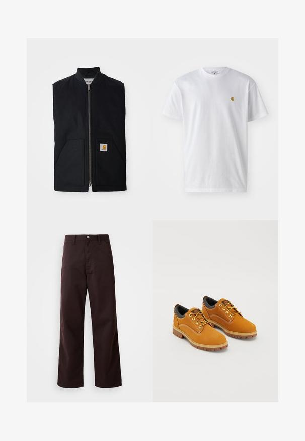 Gilet sans manches noir en tissu durable, avec une fermeture éclair à l'avant, deux poches et un patch logo sur la poche inférieure droite.; T-shirt en coton blanc à manches courtes, col rond, avec un petit logo doré sur la poitrine gauche. Texture douce et coupe régulière.; Pantalons large en coton marron foncé, confectionnés dans un tissu résistant, avec une fermeture à boutons à l'avant et deux poches latérales. Texture lisse, design classique.; Chaussures en daim marron avec un bout rond, des lacets jaunes, un col rembourré noir et des semelles en caoutchouc avec des rainures de traction.
