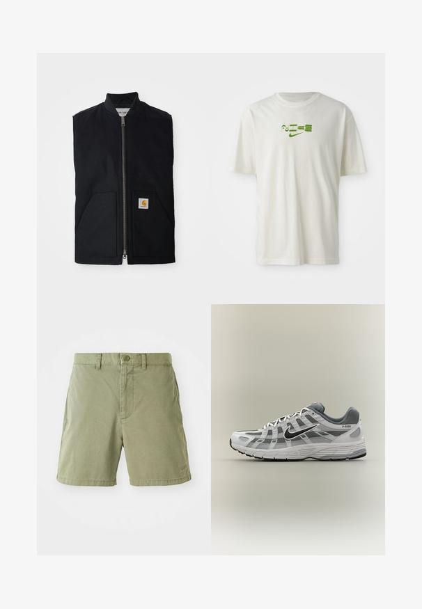 Zwarte mouwloze vest gemaakt van duurzaam materiaal, met een ritssluiting aan de voorkant, twee zakken en een logo-opdruk op de rechter onderzak.; Witte katoenen t-shirt met een groene grafische print van het woord "NIKE" en logo. Korte mouwen en ronde halslijn. Soepele textuur.; Kaki shorts van zacht katoen met een gladde textuur. Voorzien van een knoopsluiting, zijzakken en een klein logo op de zoom.; Wit-grijze Nike P-6000 sneaker met zwarte swoosh, mesh panelen en gestructureerde zool, zijaanzicht op een neutrale achtergrond.
