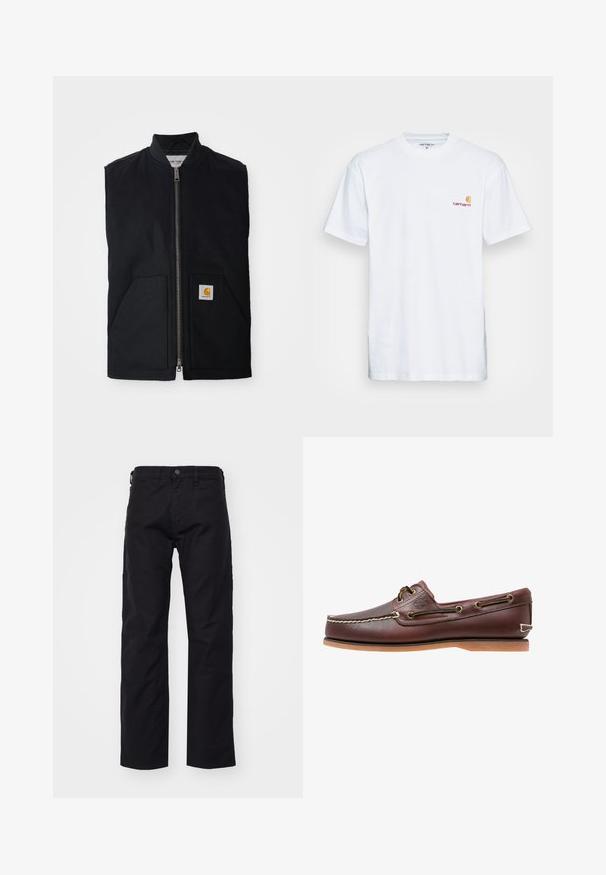 Schwarze ärmellose Weste aus strapazierfähigem Material, mit einem Reißverschluss vorne, zwei Taschen und einem Logopatch an der unteren rechten Tasche.; Weißes Baumwoll-T-Shirt mit kurzen Ärmeln. Entworfen mit einem kleinen orangefarbenen und kastanienbraunen Logo auf der linken Brust. Verfügt über einen klassischen Rundhalsausschnitt.; Schwarze Canvas-Hosen mit geradem Bein, ausgestattet mit einem frontalen Knopfverschluss, Gürtelschlaufen und Seitentaschen. Die Textur ist glatt und strapazierfähig.; Brauner Leder-Bootsschuh mit weißen Nähten, Schnürdetails und hellbrauner Gummisohle, seitlich auf weißem Hintergrund gezeigt.