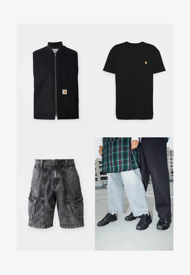 Chaleco negro sin mangas hecho de tela duradera, con cremallera frontal, dos bolsillos y un parche de logo en el bolsillo inferior derecho.; Camiseta de algodón negra con mangas cortas, cuello redondo y un pequeño logo amarillo en el área del pecho izquierdo. Diseño simple y ajuste regular.; Pantalones cortos cargo de mezclilla negra con textura desgastada, dos bolsillos laterales y cierre de botón. Hasta la rodilla con costuras reforzadas.; Zapatillas deportivas negras con acentos de malla y goma. Combinadas con jeans de pierna ancha de color gris claro y una blusa de cuadros verdes. Fondo de superficie plana.