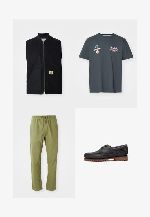 Chaleco negro sin mangas hecho de tela duradera, con cremallera frontal, dos bolsillos y un parche de logo en el bolsillo inferior derecho.; Camiseta de algodón gris oscuro con cuello redondo, con gráficos bordados coloridos: engranaje, cadena, piña y texto "Volcom" en amarillo y rosa.; Pantalones de corte relajado en verde oliva con cinturilla elástica y cordón. Confeccionados en una tela suave con una textura lisa y perneras rectas.; Zapato náutico de cuero negro con detalles de cordones, puntera redonda, suela de goma marrón texturizada y lados de cuero cosidos.