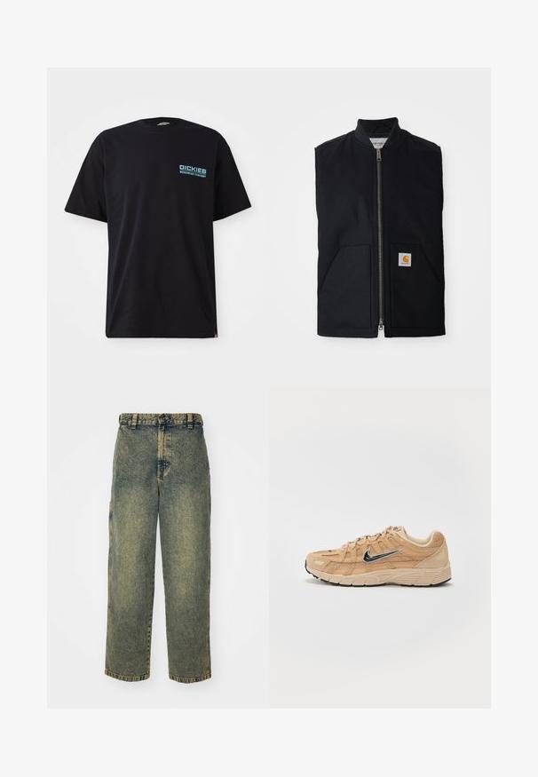 Chaleco negro sin mangas hecho de tela duradera, con cremallera frontal, dos bolsillos y un parche de logo en el bolsillo inferior derecho.; Camiseta de algodón negra de manga corta, con un logo azul de "DICKIES WORKWEAR COMPANY" en el lado izquierdo del pecho. Cuello redondo estándar.; Jeans de denim holgados en un lavado azul y verde descolorido. Presenta un cierre de botón, pasadores para el cinturón y bolsillos laterales. Diseño de frente plano y pierna recta.; Zapatilla deportiva beige con materiales de malla y ante, silueta curva, suela negra, prominente logo plateado de Nike en el lateral y acentos texturizados.