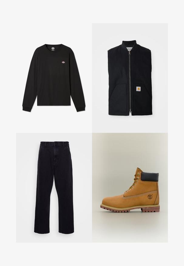 Chaleco negro sin mangas hecho de tela duradera, con cremallera frontal, dos bolsillos y un parche de logo en el bolsillo inferior derecho.; Camiseta negra de manga larga de algodón, con un pequeño logo multicolor de Dickies en la parte izquierda del pecho y puños acanalados.; Pantalones de mezclilla negros con un diseño de pierna recta, que cuentan con un cierre de botón y cremallera, presillas para cinturón y detalles de costura mínimos.; Bota de tobillo de cuero marrón con cuello negro, cordones amarillos y suela beige. Presenta un logotipo y detalles de costura blanca. Suela exterior con tracción robusta.