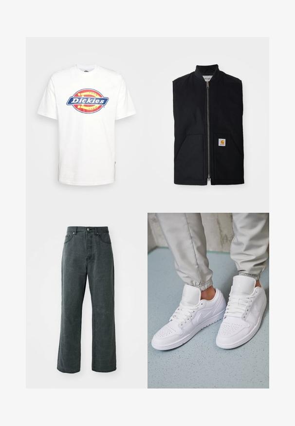 Sort ærmeløs vest lavet af holdbart stof, med en lynlås fortil, to lommer og et logo-patch på den nederste højre lomme.; Hvid bomulds t-shirt med et blåt og rødt cirkulært "Dickies" logo i midten. Korte ærmer og rund hals design.; Bredde ben mørkegrå jeans lavet af denim, med høj talje, fem-lomme design og en subtil distressed tekstur.; Hvide lædersneakers har en perforeret tåboks, flade snørebånd, polstret krave og Jordan-logoet på tungen. Båret med grå joggers.