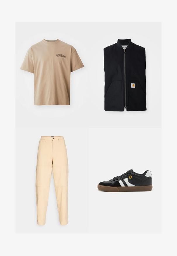 Schwarze ärmellose Weste aus strapazierfähigem Material, mit einem Reißverschluss vorne, zwei Taschen und einem Logopatch an der unteren rechten Tasche.; Beige Baumwoll-T-Shirt mit kurzen Ärmeln und Rundhalsausschnitt. Auf der linken Brust befindet sich ein schwarzer "DICKIES"-Aufdruck. Klassische Passform und glatte Textur.; Beige, hochsitze Hose aus Baumwolle. Verfügt über Taschen, einen Knopfverschluss und markante Steppnähte an den Knien. Schmal geschnittenes Bein.; Schwarz-weiße Sneakers mit einem Obermaterial aus Wildleder und Leder, ausgestattet mit weißen Streifen, schwarzen Schnürsenkeln und einer braunen Gummisohle. Mit goldenen Logo-Akzenten.
