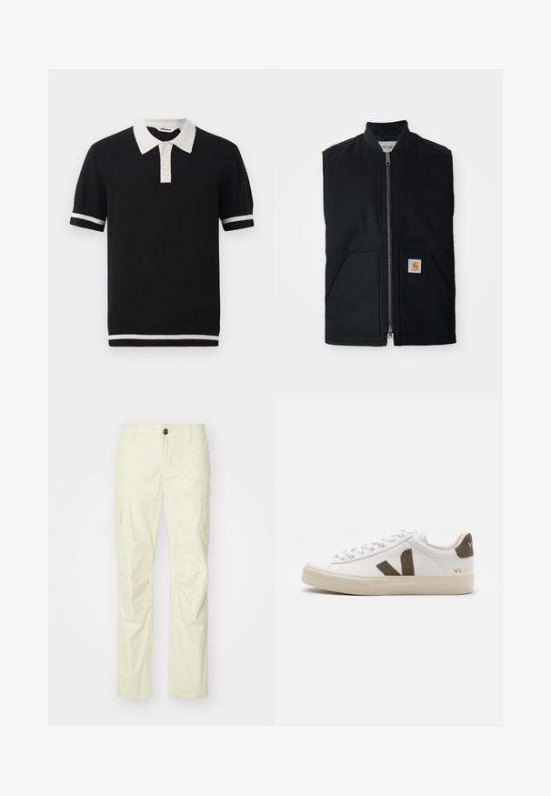 Chaleco negro sin mangas hecho de tela duradera, con cremallera frontal, dos bolsillos y un parche de logo en el bolsillo inferior derecho.; Camisa polo negra de manga corta con cuello blanco, dos botones blancos y rayas blancas en las mangas y el dobladillo.; Pantalones cargo beige hechos de una tela ligera, con bolsillos laterales, cierre de botón y piernas rectas. Textura suave con costuras ajustadas.; Zapatillas de cuero blanco con una suela de goma beige claro. Presenta un logo en forma de V de gamuza marrón y una pestaña en el talón. Cierre con cordones y superficie texturizada.